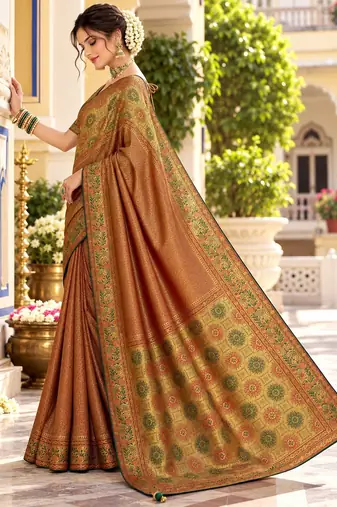 Brown color satin tissue wevon jari designer graceful ethnic fancy saree