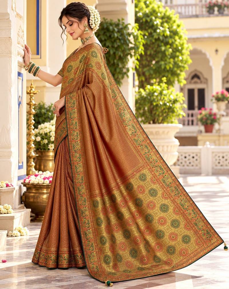 Brown color satin tissue wevon jari designer graceful ethnic fancy saree