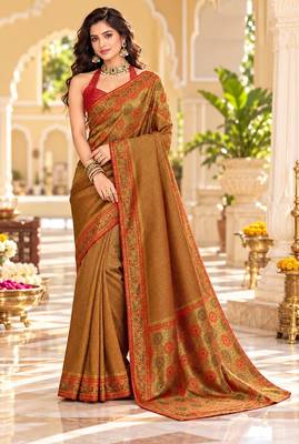 Brown color satin tissue wevon jari designer graceful ethnic fancy saree 1