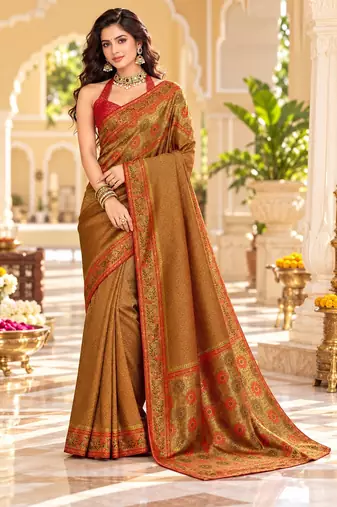 Brown color satin tissue wevon jari designer graceful ethnic fancy saree