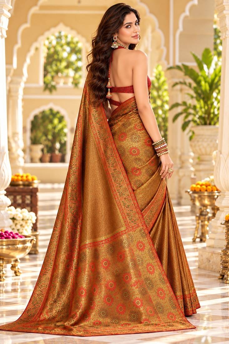 Brown color satin tissue wevon jari designer graceful ethnic fancy saree
