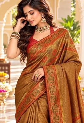 Brown color satin tissue wevon jari designer graceful ethnic fancy saree 3