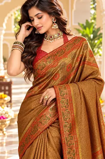Brown color satin tissue wevon jari designer graceful ethnic fancy saree