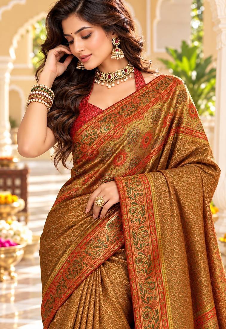 Brown color satin tissue wevon jari designer graceful ethnic fancy saree