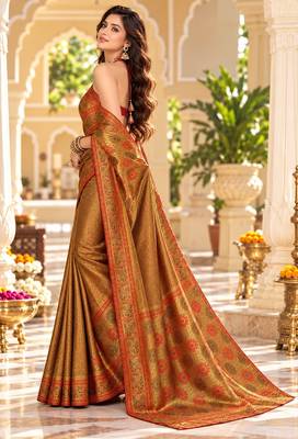Brown color satin tissue wevon jari designer graceful ethnic fancy saree 4