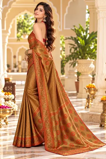 Brown color satin tissue wevon jari designer graceful ethnic fancy saree