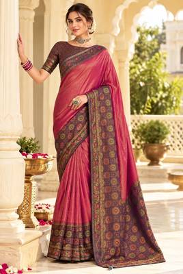 Pink color satin tissue wevon jari designer graceful ethnic fancy saree 1