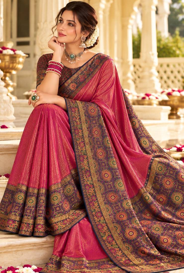 Pink color satin tissue wevon jari designer graceful ethnic fancy saree