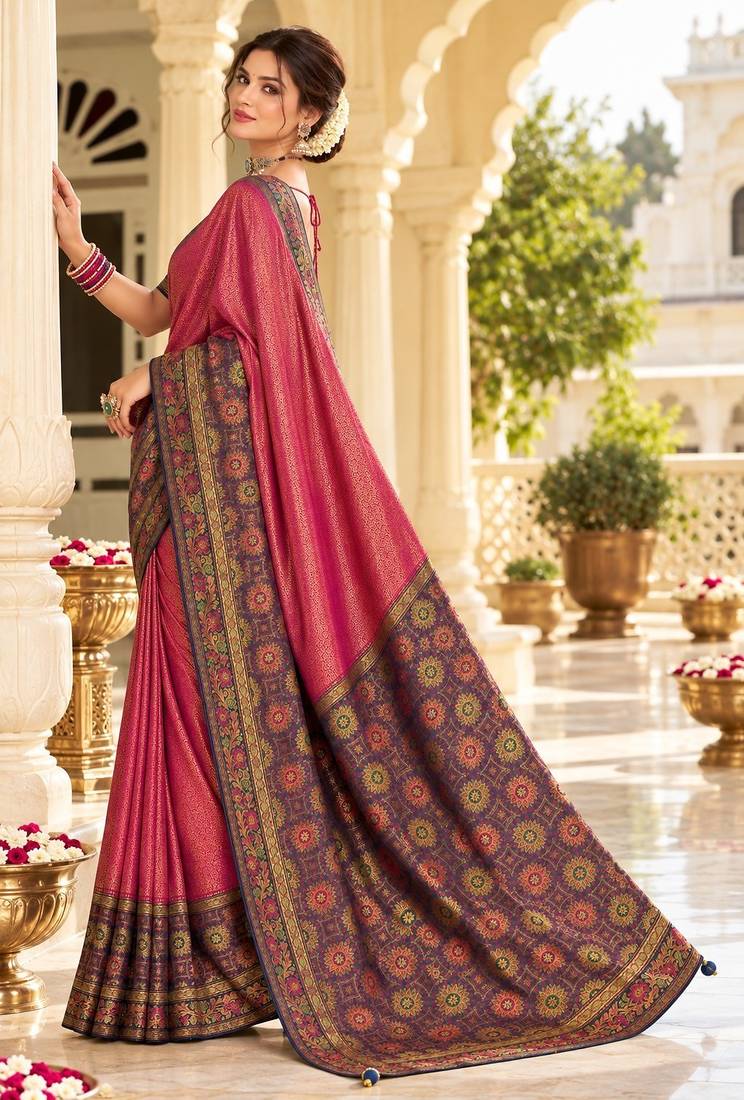 Pink color satin tissue wevon jari designer graceful ethnic fancy saree