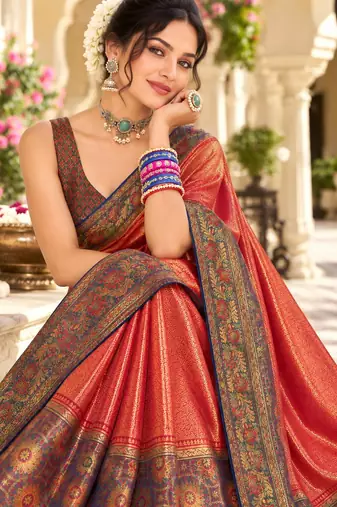Red color satin tissue wevon jari designer graceful ethnic fancy saree