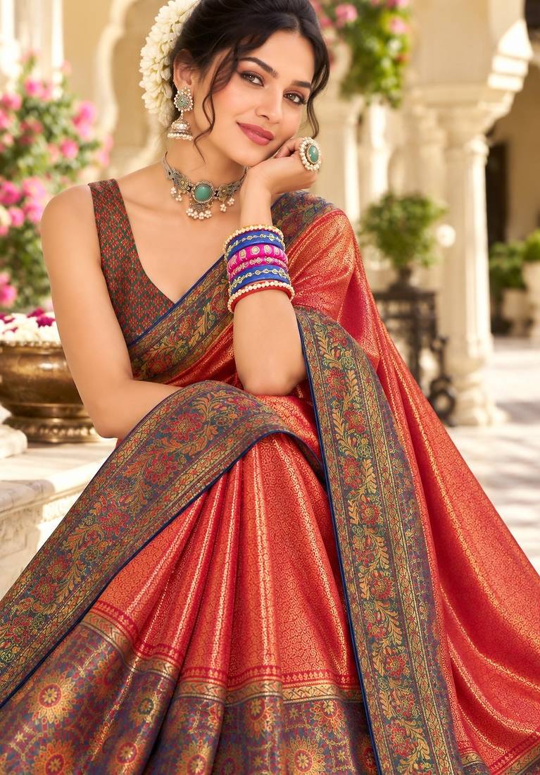Red color satin tissue wevon jari designer graceful ethnic fancy saree