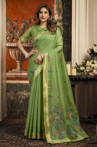Pista color woven designer ethnic graceful partywear saree