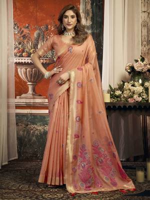 Peach color woven designer ethnic graceful partywear saree 1