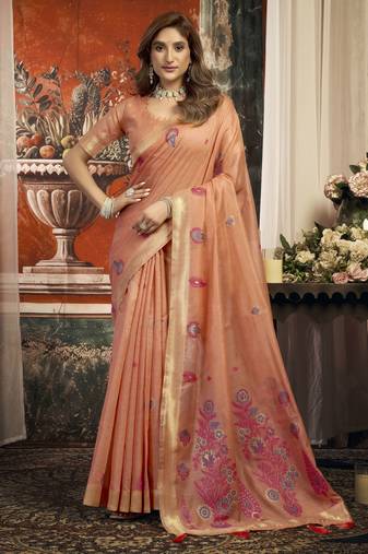 Peach color woven designer ethnic graceful partywear saree