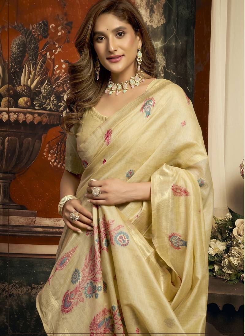 Beige color woven designer ethnic graceful partywear saree