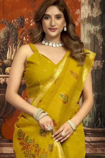 Mustard color woven designer ethnic graceful partywear saree