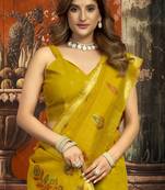 Mustard color woven designer ethnic graceful partywear saree