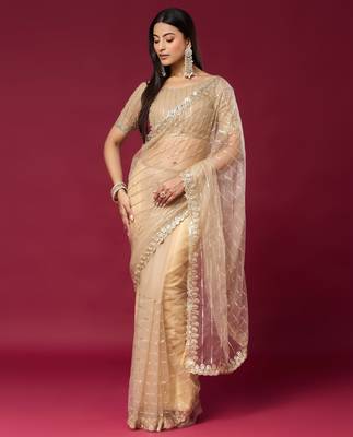 Chiku color smart elegant girlie partywear net sequins embroidered saree 1