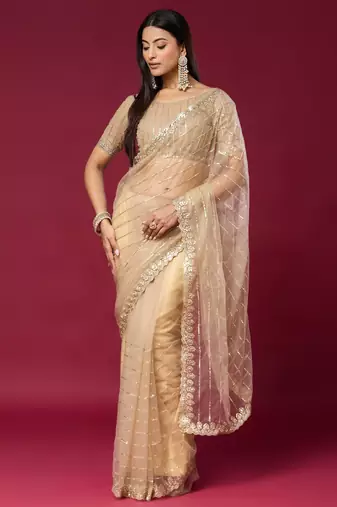 Chiku color smart elegant girlie partywear net sequins embroidered saree