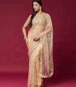 Chiku color smart elegant girlie partywear net sequins embroidered saree