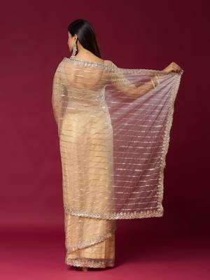 Chiku color smart elegant girlie partywear net sequins embroidered saree 2