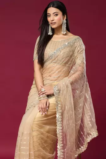 Chiku color smart elegant girlie partywear net sequins embroidered saree