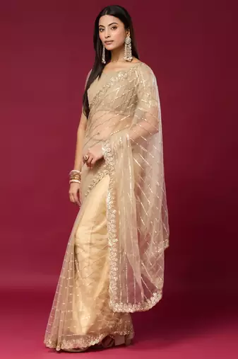 Chiku color smart elegant girlie partywear net sequins embroidered saree
