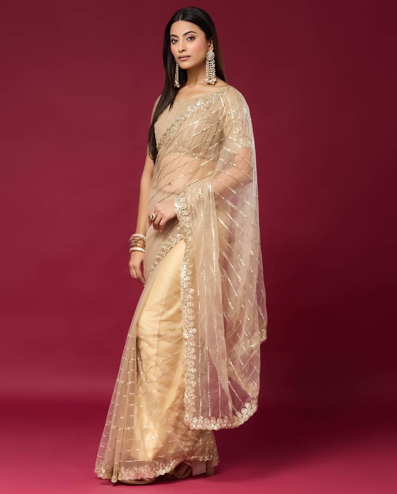 Chiku color smart elegant girlie partywear net sequins embroidered saree