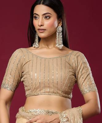 Chiku color smart elegant girlie partywear net sequins embroidered saree 5