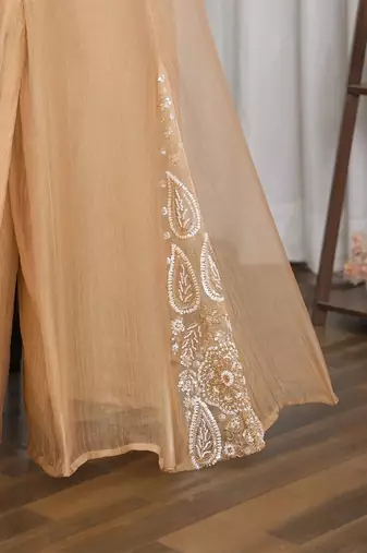 Champagne bead sequin embroidered silk crop top sharara set for wedding