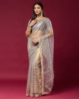 Grey color smart elegant girlie partywear net sequins embroidered saree 1