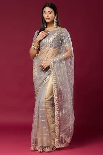 Grey color smart elegant girlie partywear net sequins embroidered saree