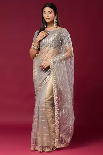 Grey color smart elegant girlie partywear net sequins embroidered saree