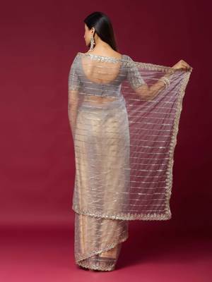 Grey color smart elegant girlie partywear net sequins embroidered saree 2
