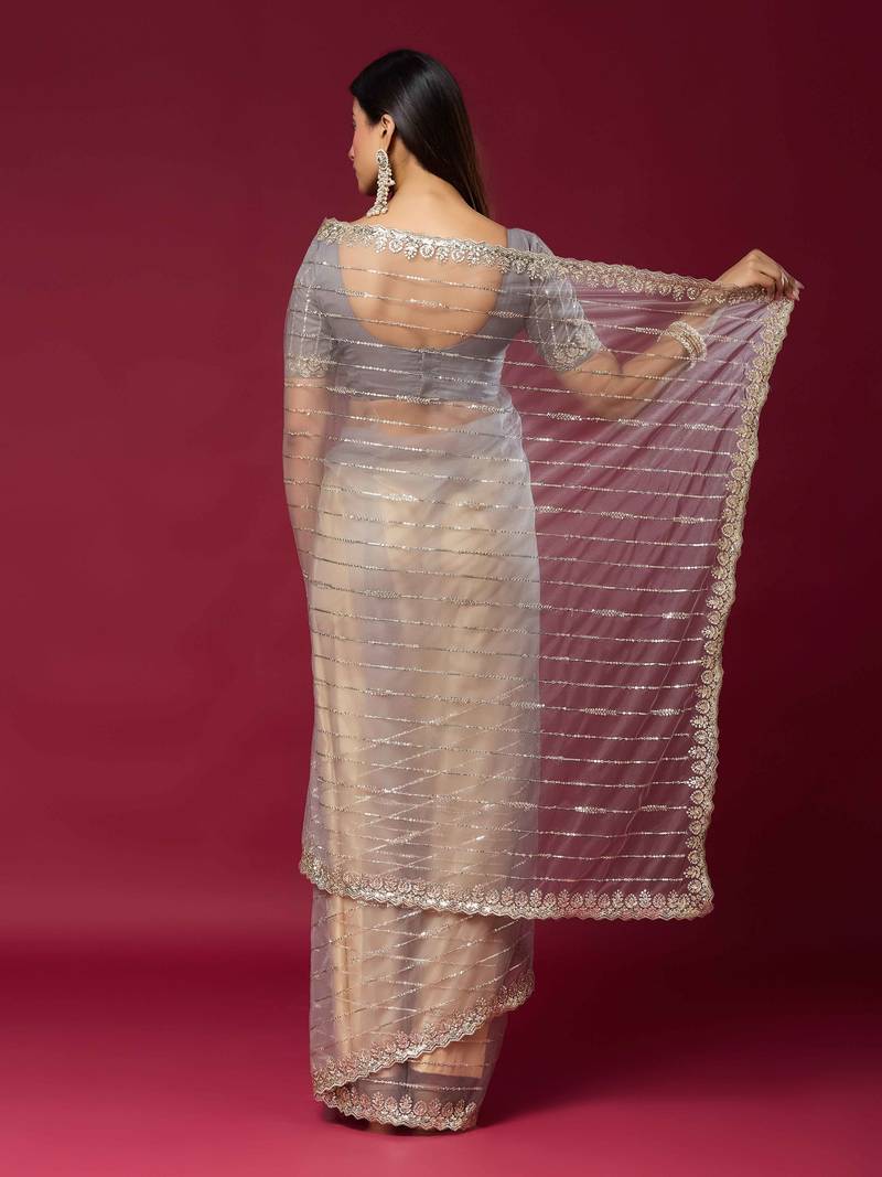 Grey color smart elegant girlie partywear net sequins embroidered saree