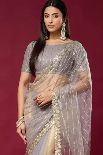 Grey color smart elegant girlie partywear net sequins embroidered saree