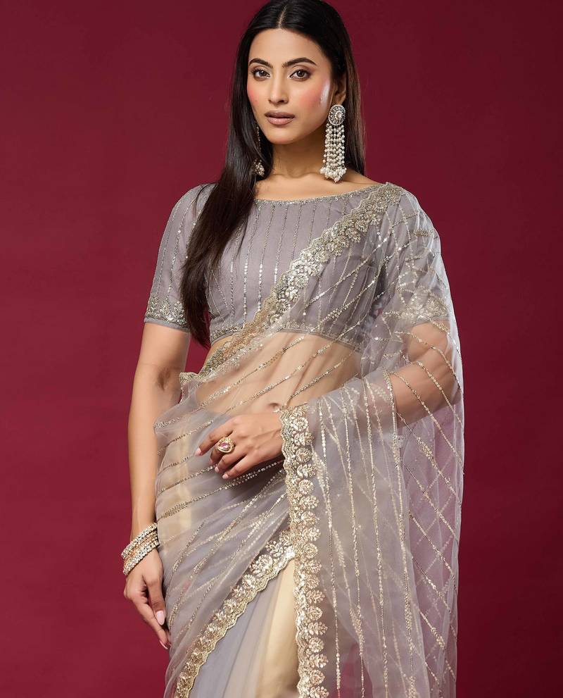 Grey color smart elegant girlie partywear net sequins embroidered saree