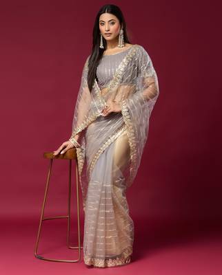Grey color smart elegant girlie partywear net sequins embroidered saree 4
