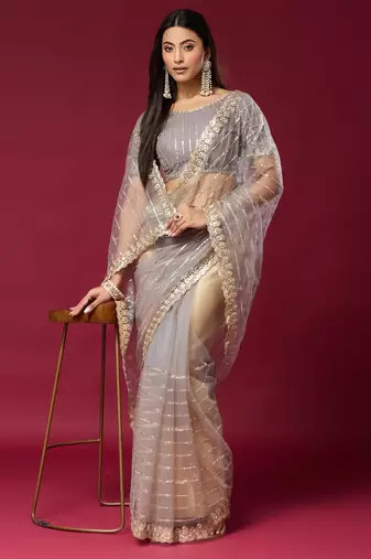 Grey color smart elegant girlie partywear net sequins embroidered saree