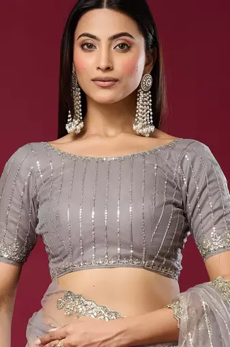 Grey color smart elegant girlie partywear net sequins embroidered saree
