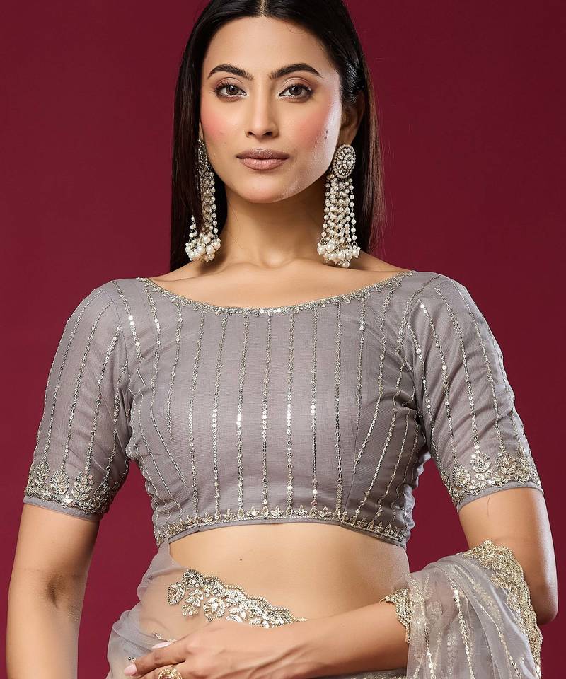 Grey color smart elegant girlie partywear net sequins embroidered saree