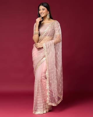 Pink color smart elegant girlie partywear net sequins embroidered saree 1