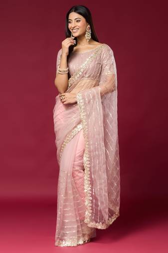 Pink color smart elegant girlie partywear net sequins embroidered saree