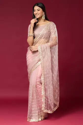 Pink color smart elegant girlie partywear net sequins embroidered saree