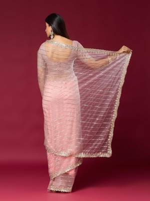 Pink color smart elegant girlie partywear net sequins embroidered saree 2