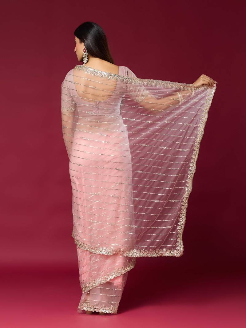 Pink color smart elegant girlie partywear net sequins embroidered saree