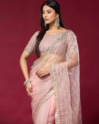 Pink color smart elegant girlie partywear net sequins embroidered saree 3