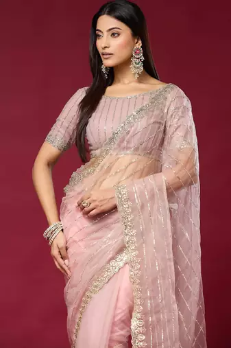 Pink color smart elegant girlie partywear net sequins embroidered saree