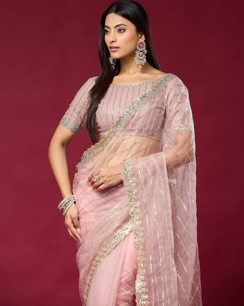 Pink color smart elegant girlie partywear net sequins embroidered saree