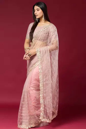 Pink color smart elegant girlie partywear net sequins embroidered saree